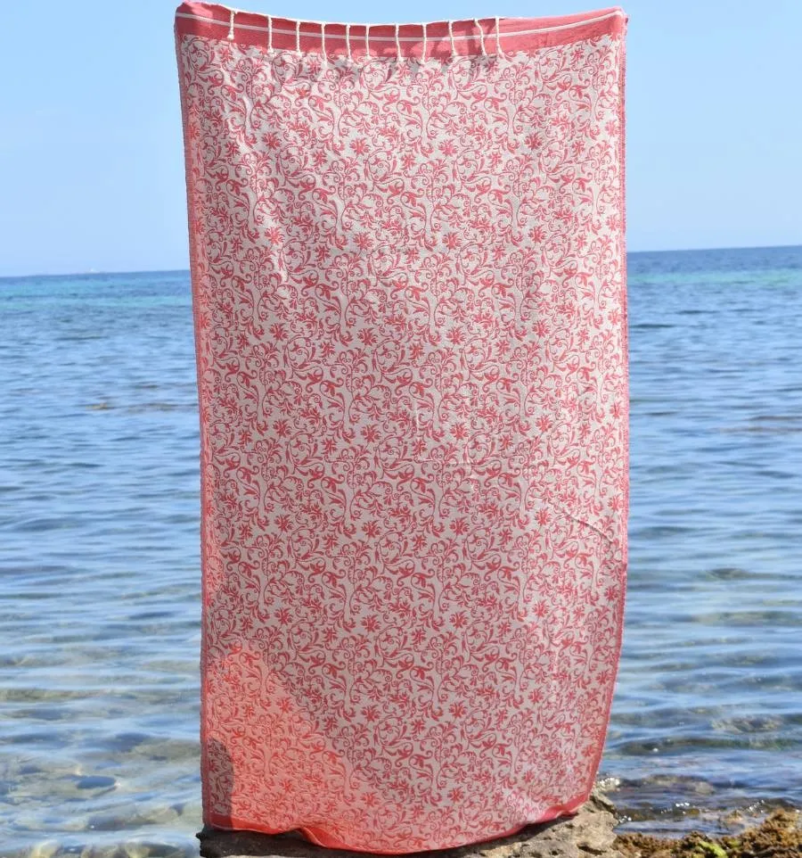 Fouta Versailles incarnadin - Fouta plage motif floral, Fouta jacquard, serviette de plage