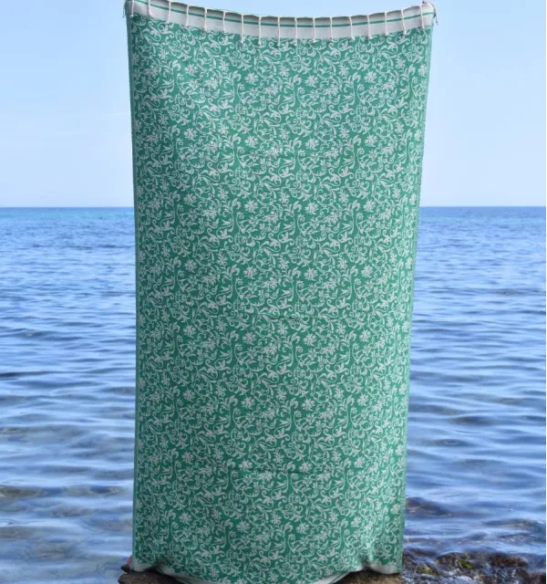 Fouta Versailles vert - Fouta plage motif floral, Serviette plage, Fouta jacquard élégante