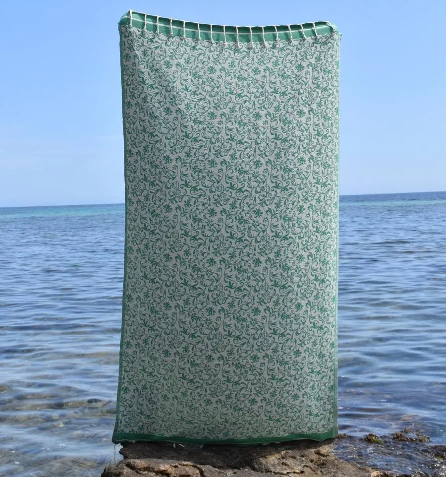 Fouta Versailles vert - Fouta plage motif floral, Serviette plage, Fouta jacquard élégante