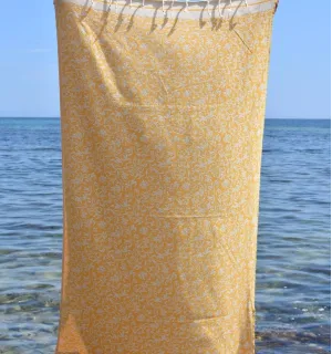 Fouta Versailles jaune foncé - Fouta fleurie en coton, Serviette absorbante