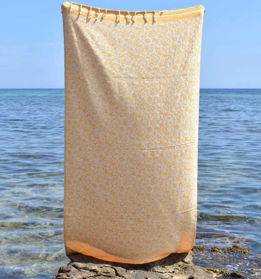 Fouta Versailles jaune foncé - Fouta fleurie en coton, Serviette absorbante