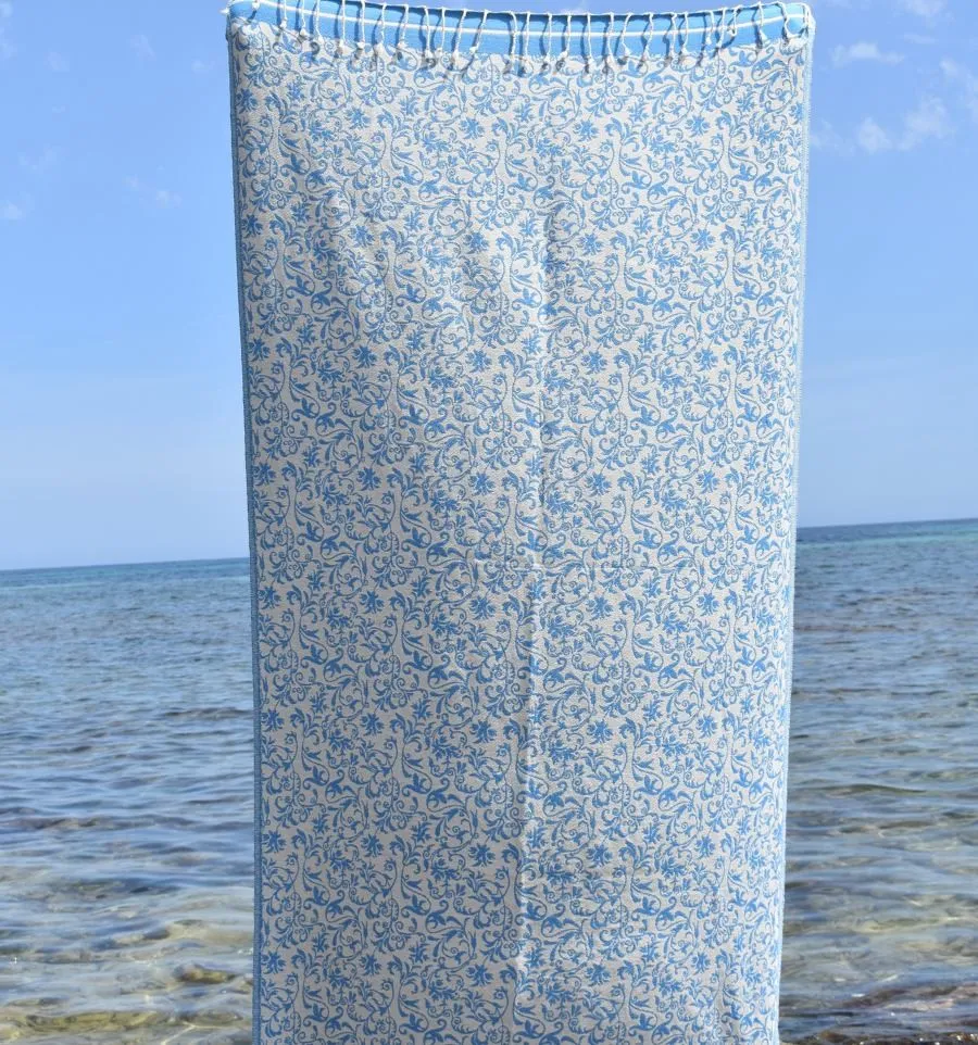 Fouta Versailles bleu azur - Fouta fleurie en coton, serviette de plage, serviette absorbante