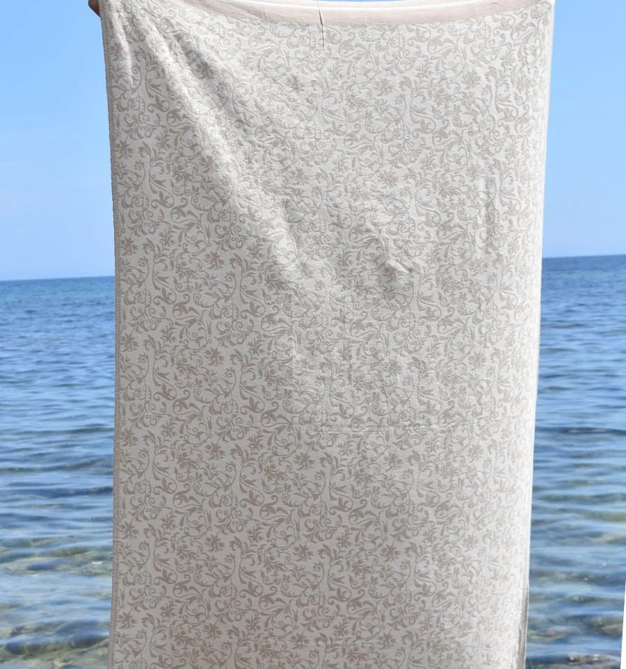 Fouta Versailles beige - Fouta plage motif floral, serviette plage beige, fouta jacquard