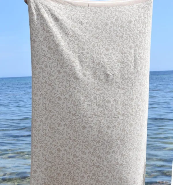 Fouta Versailles beige - Fouta plage motif floral, serviette plage beige, fouta jacquard