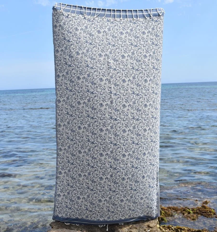 Fouta Versailles bleu bleuet - serviette plage en coton, fouta absorbante, fouta fleurie