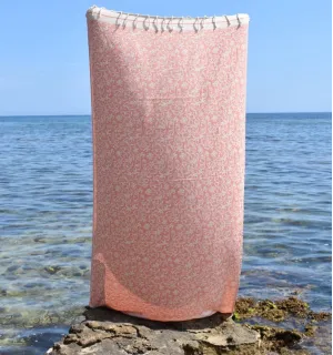 Fouta Versailles pêche - Serviette jacquard, fouta fleurie plage, serviette de plage