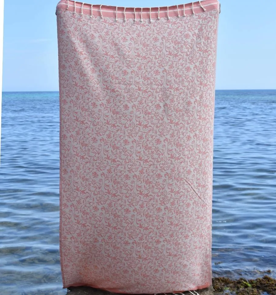 Fouta Versailles pêche - Serviette jacquard, fouta fleurie plage, serviette de plage