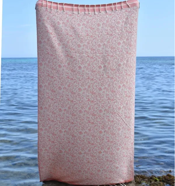 Fouta Versailles pêche - Serviette jacquard, fouta fleurie plage, serviette de plage