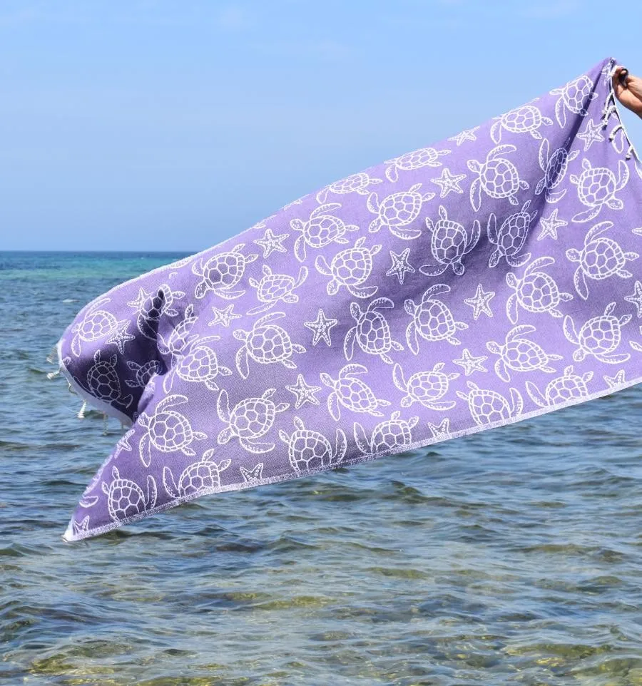 Fouta Seychelles Mauve - Serviette de plage - Fouta motifs tortue - Fouta personnalisée
