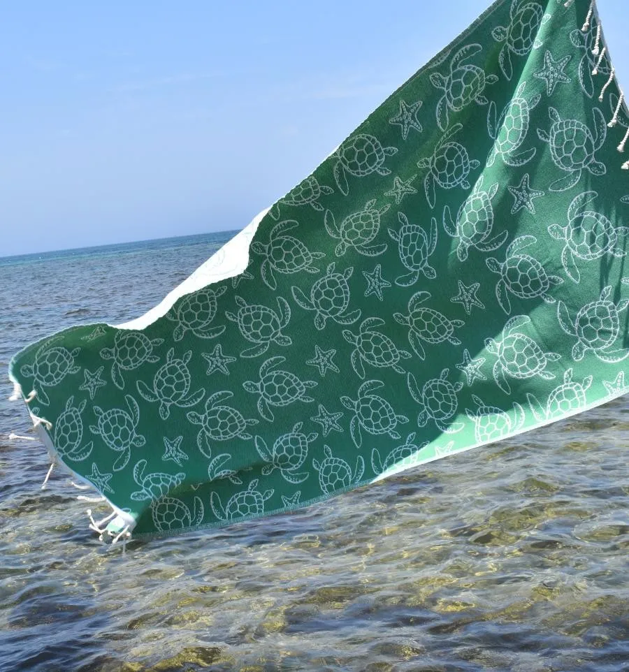 Fouta Seychelles Vert - Fouta motifs tortue - Fouta personnalisée