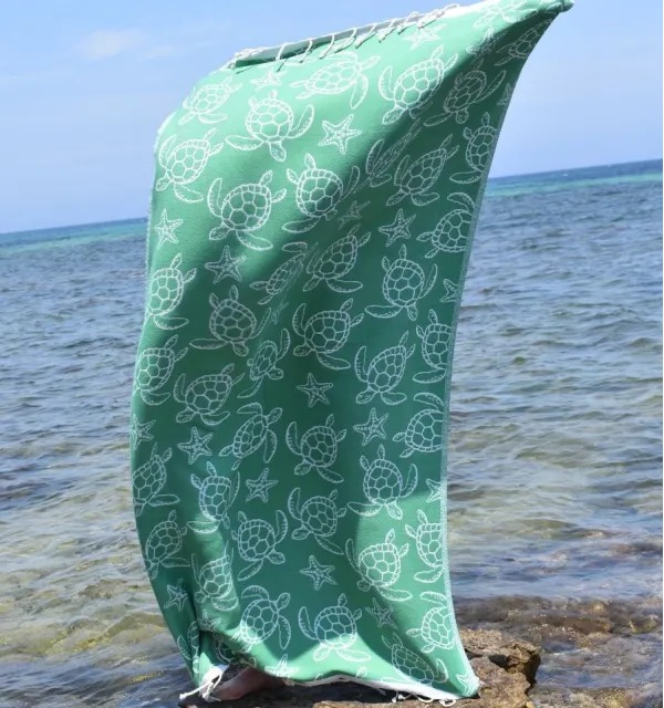 Fouta Seychelles Vert - Fouta motifs tortue - Fouta personnalisée