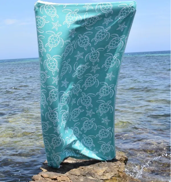 Fouta Seychelles Vert Sarcelle - Fouta motifs tortue - Fouta personnalisée