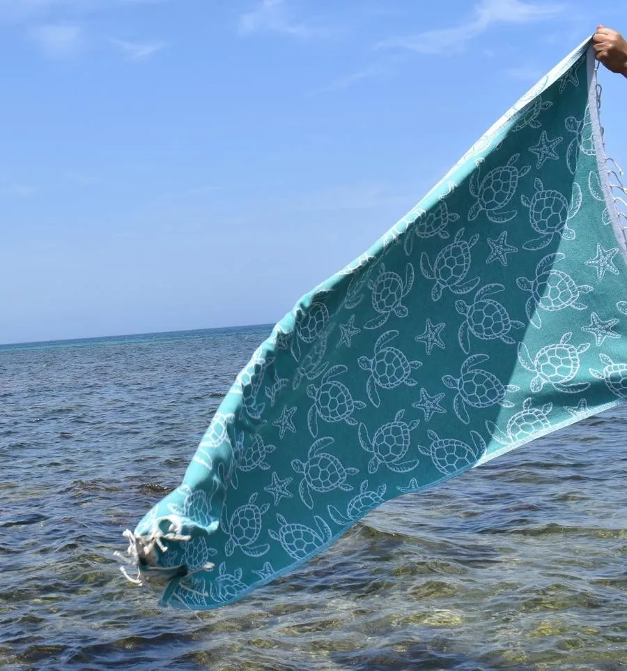 Fouta Seychelles Vert Sarcelle - Fouta motifs tortue - Fouta personnalisée