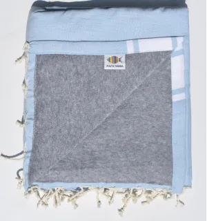 Fouta bleu clair doublée éponge grise - Serviette de plage légère, absorbante et douce