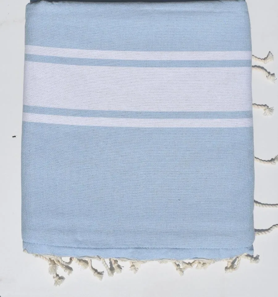 Fouta bleu clair doublée éponge grise - Serviette de plage légère, absorbante et douce