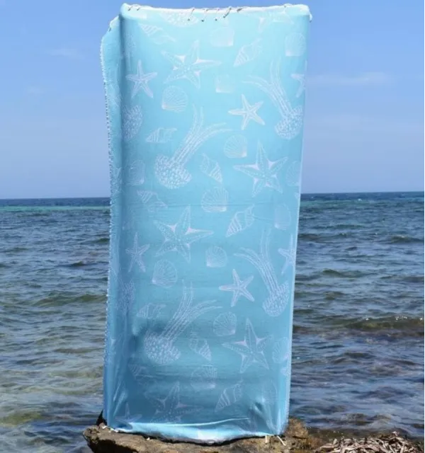 Fouta Fidji bleu turquoise - Fouta jacquard - Fouta motifs marins - Serviette de plage absorbante, coton