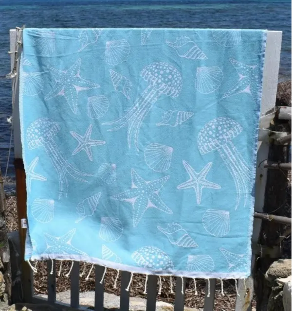 Fouta Fidji bleu turquoise - Fouta jacquard - Fouta motifs marins - Serviette de plage absorbante, coton
