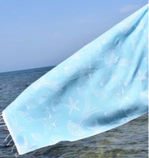 Fouta Fidji bleu turquoise - Fouta jacquard - Fouta motifs marins - Serviette de plage absorbante, coton 2