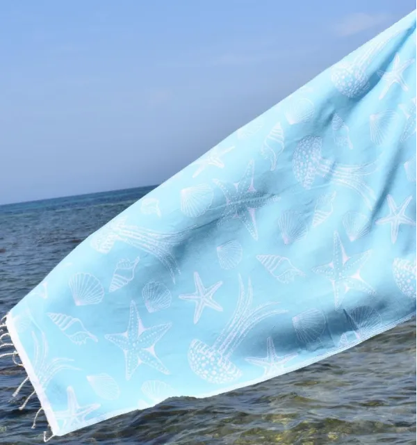 Fouta Fidji bleu turquoise - Fouta jacquard - Fouta motifs marins - Serviette de plage absorbante, coton
