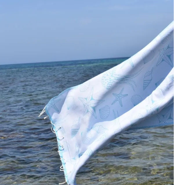 Fouta Fidji bleu turquoise - Fouta jacquard - Fouta motifs marins - Serviette de plage absorbante, coton