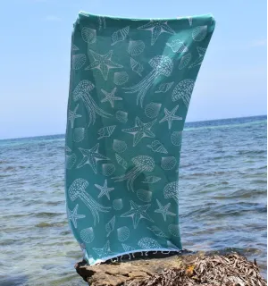 Fouta Fidji vert Sarcelle - Fouta jacquard - Fouta motifs marins - Serviette de plage légère, absorbante, coton