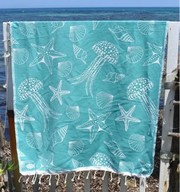 Fouta Fidji vert Sarcelle - Fouta jacquard - Fouta motifs marins - Serviette de plage légère, absorbante, coton