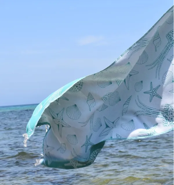 Fouta Fidji vert Sarcelle - Fouta jacquard - Fouta motifs marins - Serviette de plage légère, absorbante, coton