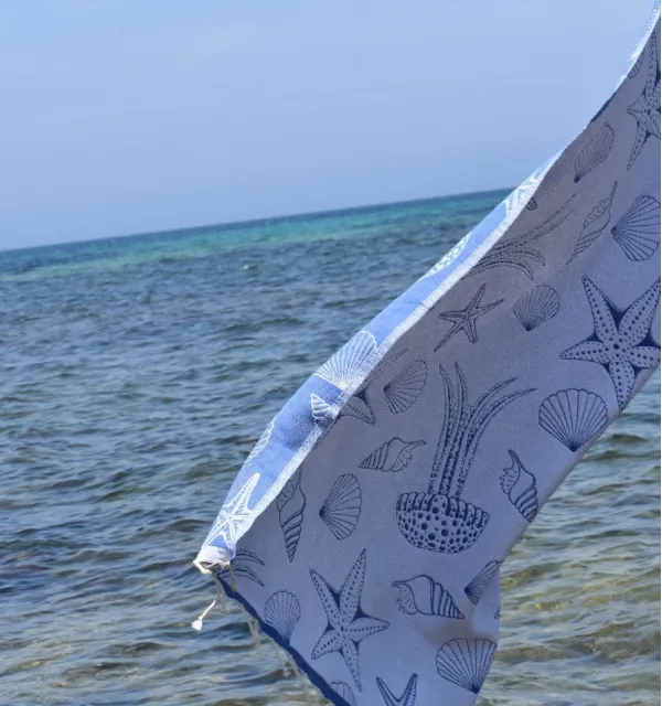 Fouta Fidji bleu - outa jacquard - Fouta motifs marins - Serviette de plage absorbante, coton