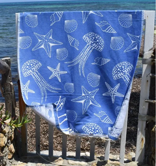 Fouta Fidji bleu - outa jacquard - Fouta motifs marins - Serviette de plage absorbante, coton