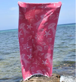 Fouta Fidji rose fuchsia - Fouta jacquard estivale aux motifs marins - serviette de plage - Fouta jacquard