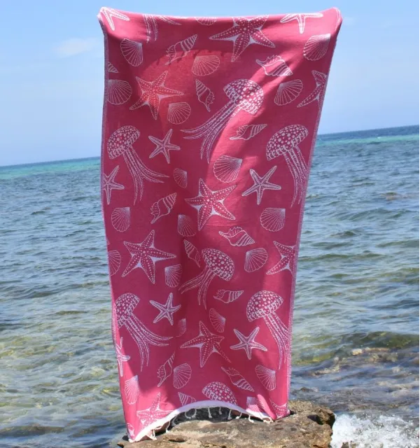 Fouta Fidji rose fuchsia - Fouta jacquard estivale aux motifs marins - serviette de plage - Fouta jacquard