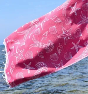 Fouta Fidji rose fuchsia - Fouta jacquard estivale aux motifs marins - serviette de plage - Fouta jacquard 2