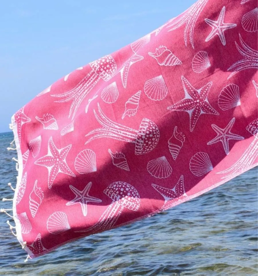 Fouta Fidji rose fuchsia - Fouta jacquard estivale aux motifs marins - serviette de plage - Fouta jacquard