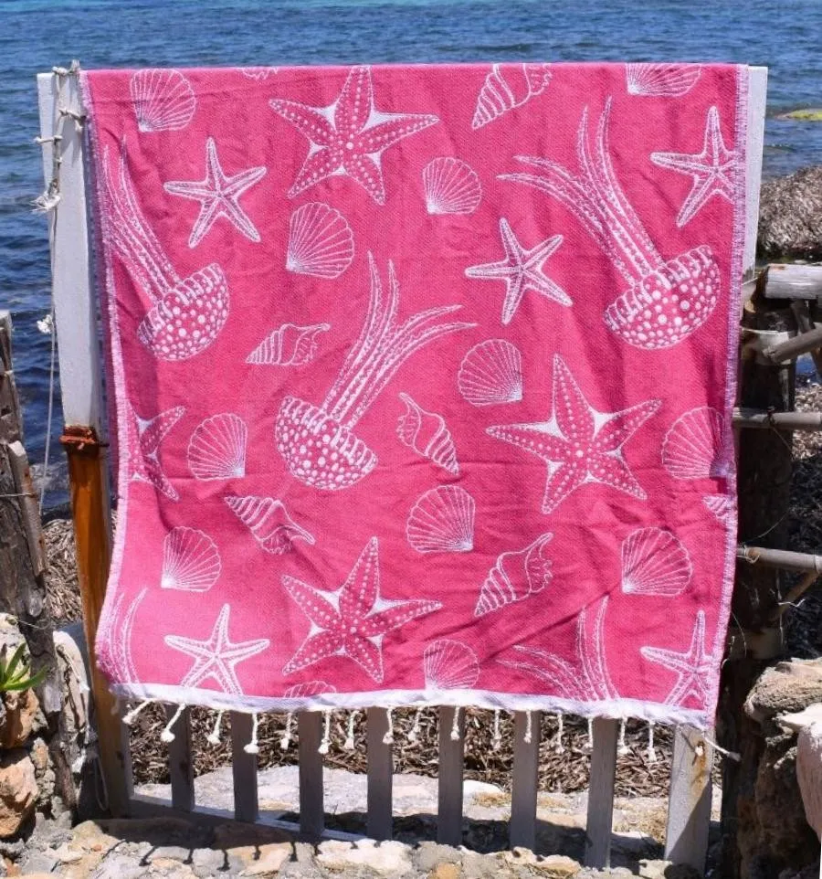 Fouta Fidji rose fuchsia - Fouta jacquard estivale aux motifs marins - serviette de plage - Fouta jacquard