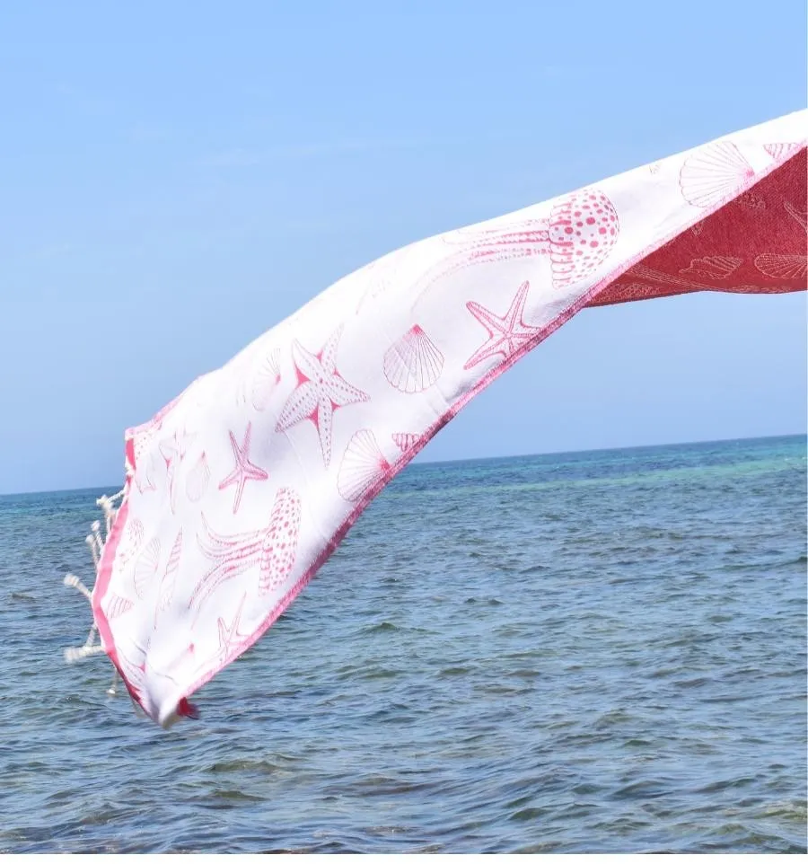 Fouta Fidji rose fuchsia - Fouta jacquard estivale aux motifs marins - serviette de plage - Fouta jacquard