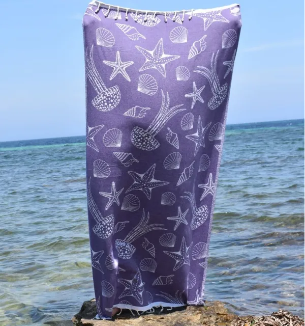 Fouta Fidji mauve - Fouta jacquard marine, fouta coquillages, fouta étoiles de mer - Serviette de plage