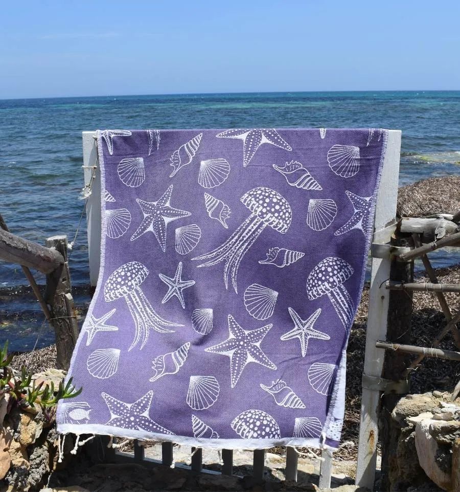 Fouta Fidji mauve - Fouta jacquard marine, fouta coquillages, fouta étoiles de mer - Serviette de plage