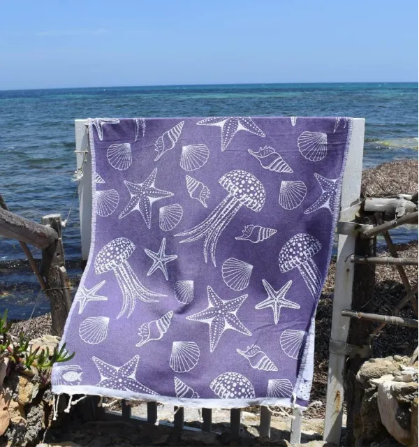 Fouta Fidji mauve - Fouta jacquard marine, fouta coquillages, fouta étoiles de mer - Serviette de plage