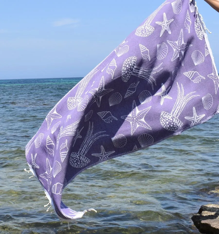 Fouta Fidji mauve - Fouta jacquard marine, fouta coquillages, fouta étoiles de mer - Serviette de plage