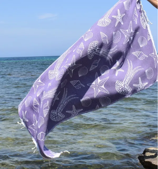 Fouta Fidji mauve - Fouta jacquard marine, fouta coquillages, fouta étoiles de mer - Serviette de plage