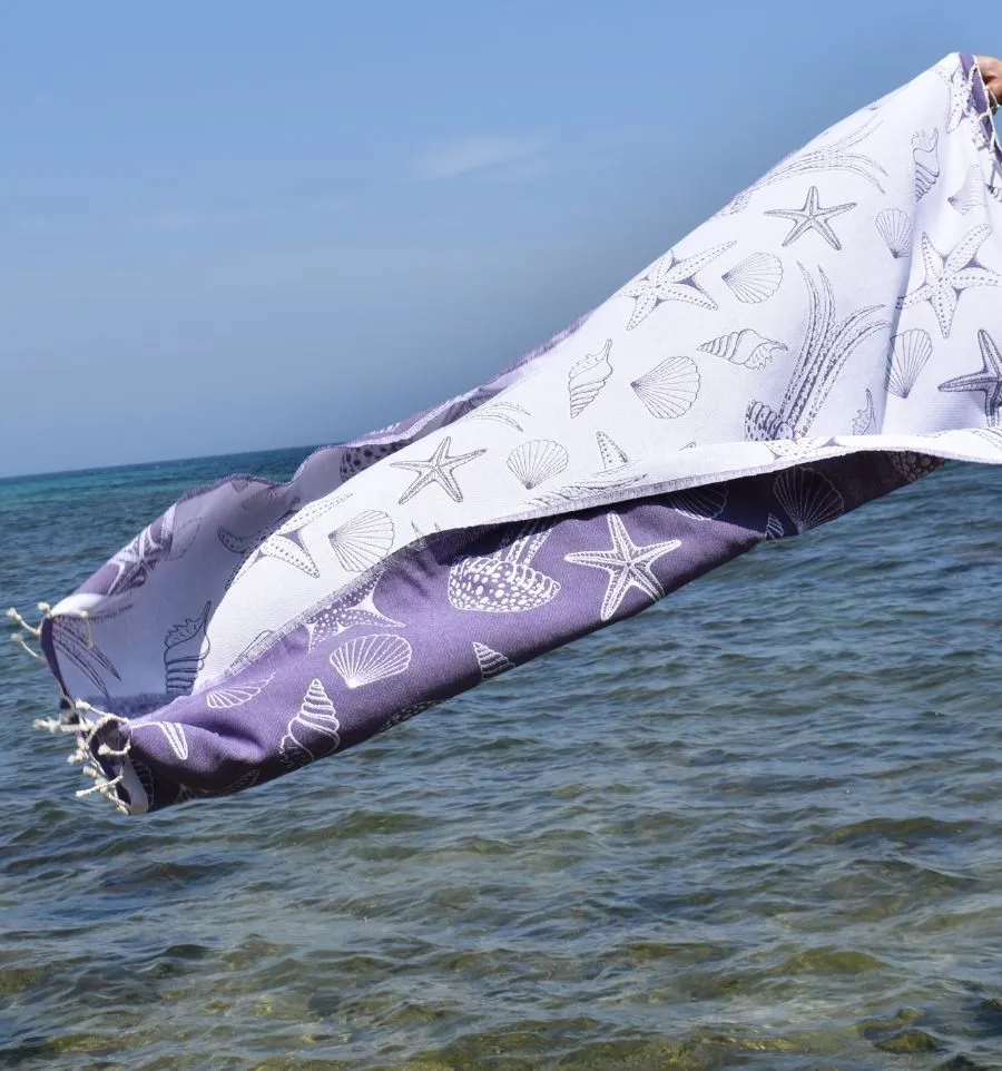 Fouta Fidji mauve - Fouta jacquard marine, fouta coquillages, fouta étoiles de mer - Serviette de plage