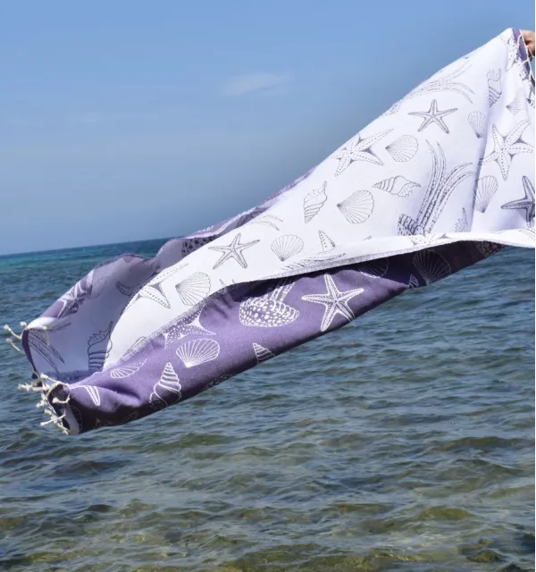 Fouta Fidji mauve - Fouta jacquard marine, fouta coquillages, fouta étoiles de mer - Serviette de plage