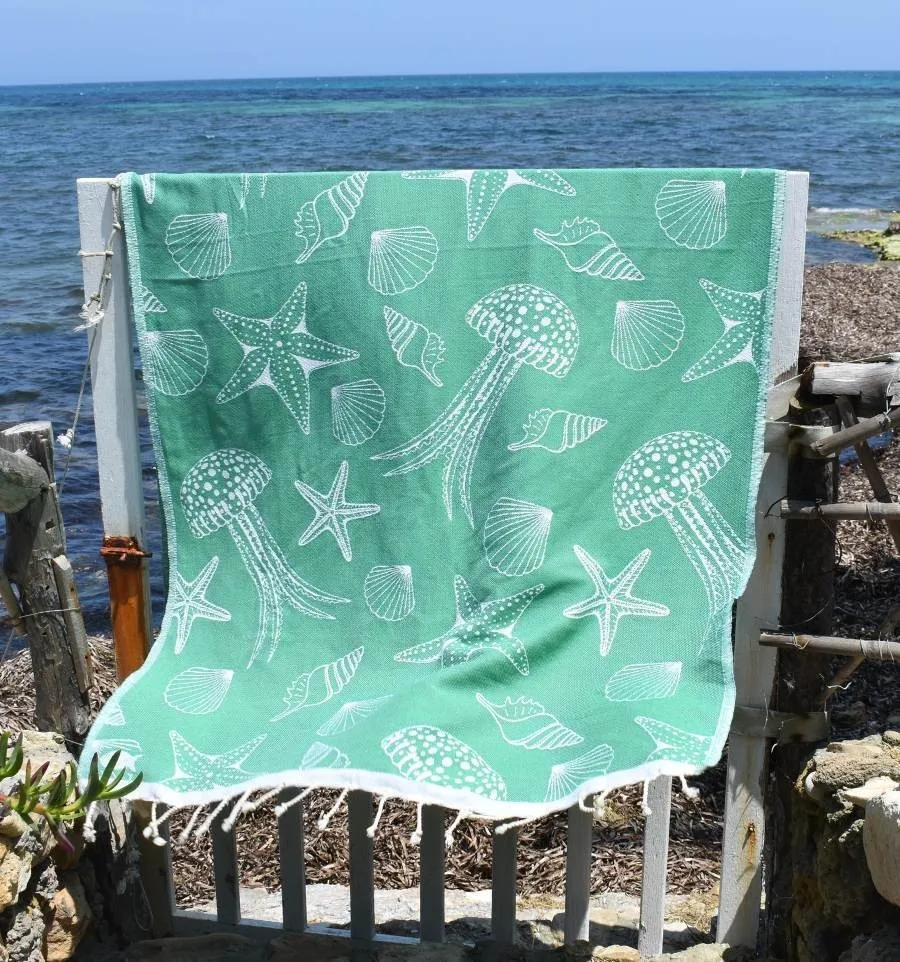 Fouta Fidji vert - Fouta jacquard - Fouta motifs marins - Serviette de plage absorbante, coton