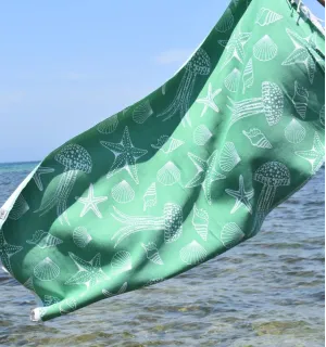 Fouta Fidji vert - Fouta jacquard - Fouta motifs marins - Serviette de plage absorbante, coton 2