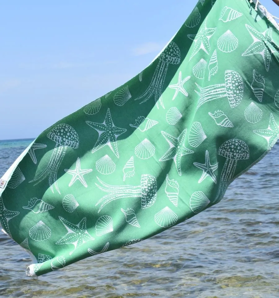 Fouta Fidji vert - Fouta jacquard - Fouta motifs marins - Serviette de plage absorbante, coton