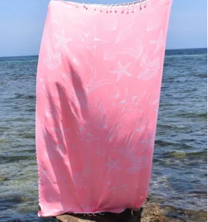 Fouta Fidji rose fluo - Fouta jacquard - Fouta motifs marins - Serviette de plage absorbante, coton