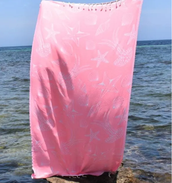 Fouta Fidji rose fluo - Fouta jacquard - Fouta motifs marins - Serviette de plage absorbante, coton