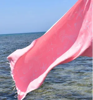 Fouta Fidji rose fluo - Fouta jacquard - Fouta motifs marins - Serviette de plage absorbante, coton 2