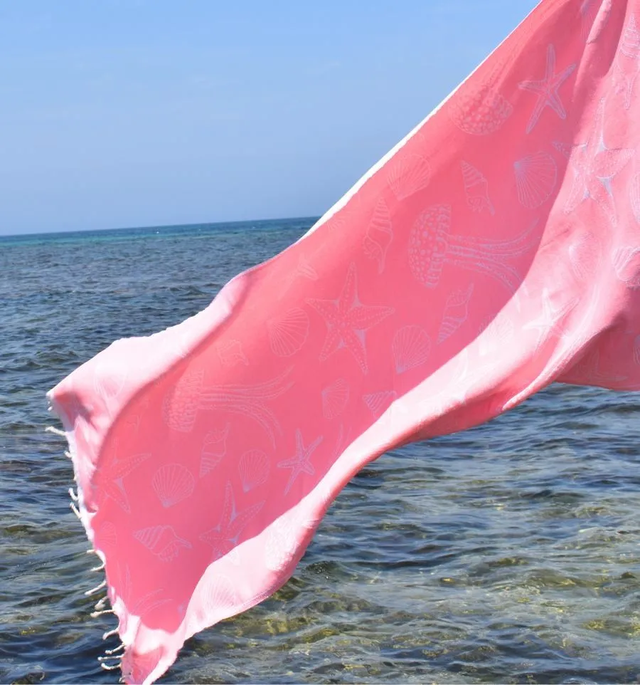 Fouta Fidji rose fluo - Fouta jacquard - Fouta motifs marins - Serviette de plage absorbante, coton