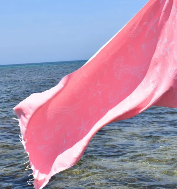 Fouta Fidji rose fluo - Fouta jacquard - Fouta motifs marins - Serviette de plage absorbante, coton